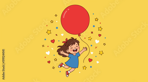 Little girl holding red balloon high.