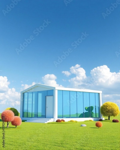 Modern glass building surrounded by lush green field under a bright blue sky