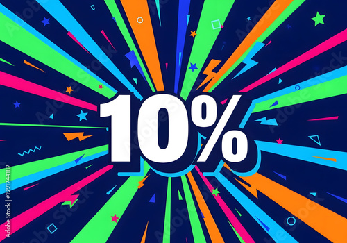 Explosive 10% Discount: A vibrant display with a bold 10% graphic against a backdrop of dynamic bursts, designed to grab attention and boost excitement for an exclusive sale.