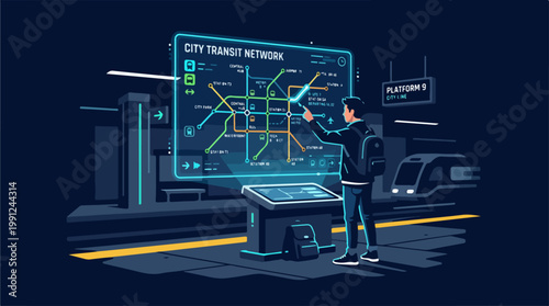 Man interacting with transit network map.