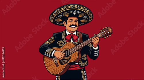 Man playing guitar in mariachi costume.