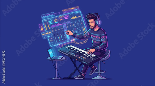 Man wearing headphones playing electronic keyboard.