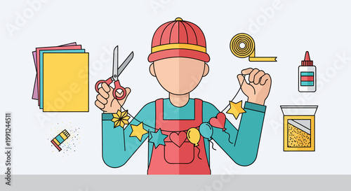 Cartoon craftsman with colorful tools.