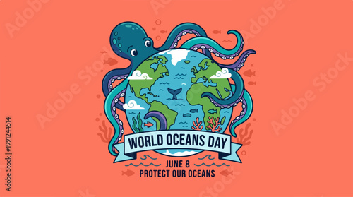 Octopus wrapped around the Earth globe.