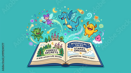 Open Book with Fantasy Illustrations.