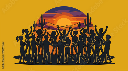 People Celebrating with Raised Hands Silhouette.
