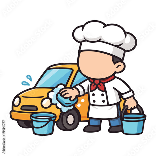 Chef washing car with sponge and buckets