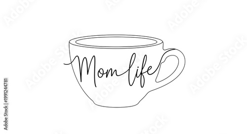 Hand drawn of a white mug with the word monifed handwritten on it handwritten text beverage container
