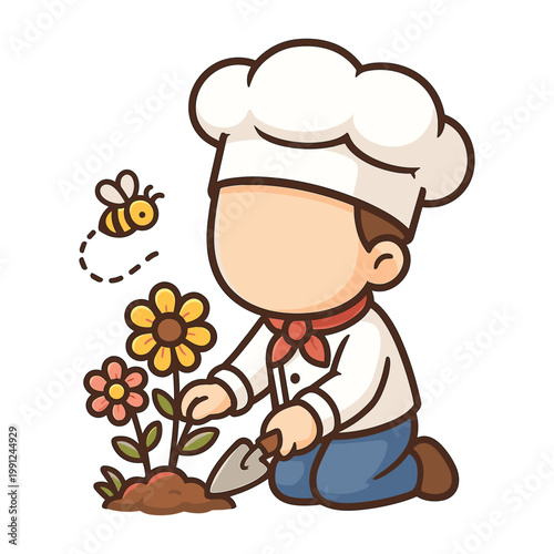 Chef character gardening flowers with bee nearby