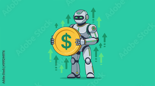 Robot Holding Large Dollar Coin.