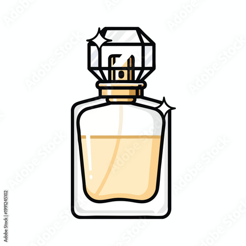 Cartoon vector illustration of a luxurious perfume bottle with golden liquid.