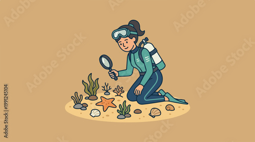 Scuba diver examining ocean floor sea creatures.