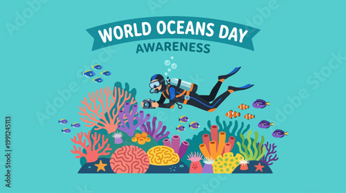 Scuba Diver Exploring Colorful Coral Reef.