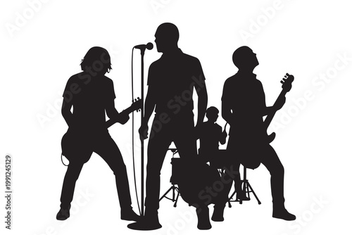 Vector art illustration of a four member band, featuring musicians with instruments in a dynamic pose, designed with clean lines, perfect for music themes, posters, and creative branding.