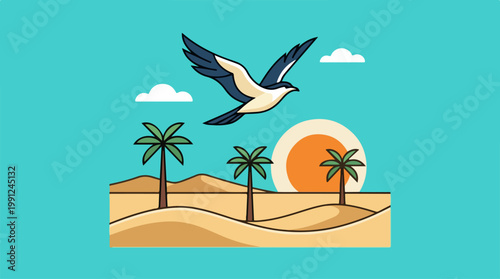 Seagull flying over sandy beach.