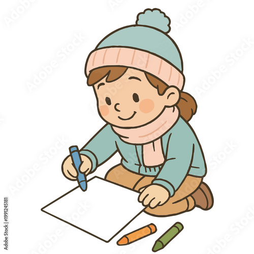 Cute vector art of a little girl drawing and coloring, featuring simple outlines and playful details, perfect for coloring pages, kids activities, and creative learning themes.