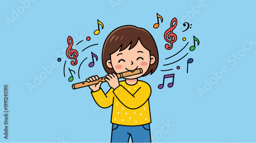 Smiling girl playing a wooden flute.