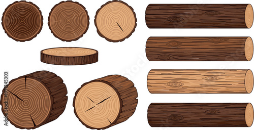 Detailed Wood Log Cross Sections and Timber Pieces Illustration Set Showing Tree Rings, Cut Trunks, and Natural Wooden Textures for Forestry and Carpentry Design