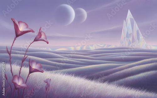 Artistic concept painting of a beautiful sci-fi landscape, with a futuristic thing in the background. Tender, dreamy design: background illustration with red flowers. spring flowers in the morning.