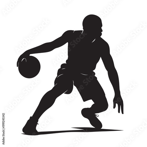 Vector art silhouette of a professional male basketball player dribbling the ball with confidence, dynamic posture, clean lines, high contrast shading, modern sporty style.