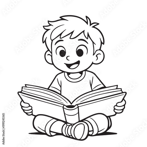 Cute vector art of a little boy reading a big book, with simple outlines and friendly shapes, perfect for coloring pages, kids activities, and educational themes.