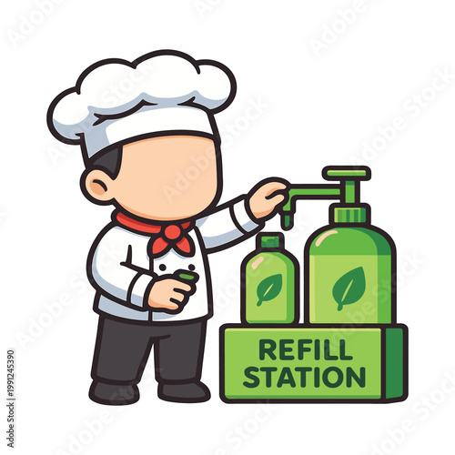 Chef refilling hand sanitizer bottle flat vector illustration
