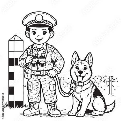 Vector art of a cute police officer standing with a German Shepherd dog, friendly pose, clean lines, minimal style, modern illustration, teamwork and protection concept