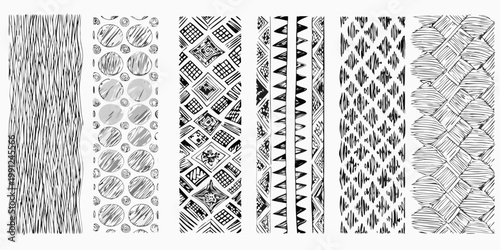 Variety of hand drawn black and white geometric textile patterns