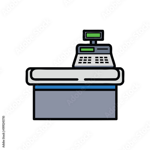 Flat vector icon of a supermarket checkout counter with a cash register.