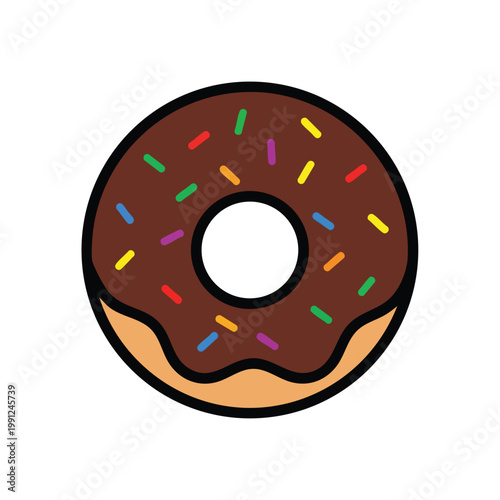 Cartoon style chocolate glazed donut with colorful sprinkles.