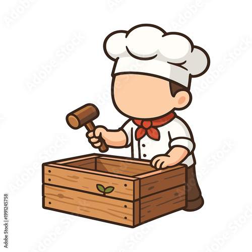 Chef holding mallet near wooden box flat vector illustration