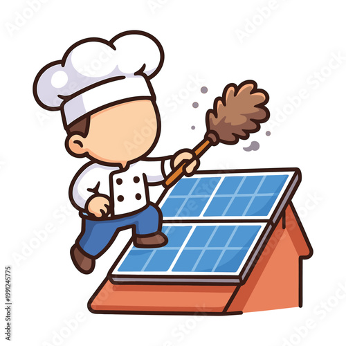 Chef cleaning solar panel on roof flat vector
