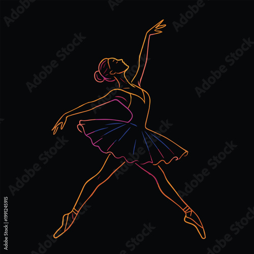 Vector art of a ballerina drawn in glowing line style with gradient colors, radiant and luminous effect, dancing pose, black background, elegant modern abstract composition.