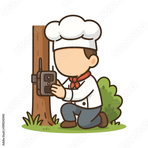 Chef attaching camera trap to tree outdoors flat vector