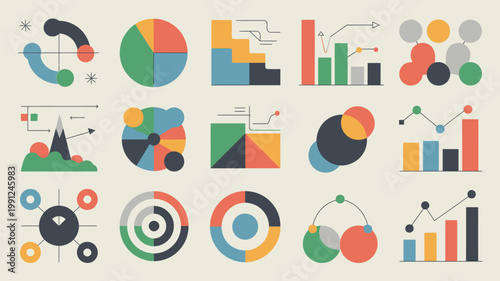 Colorful data visualization elements charts graphs and diagrams in a modern style