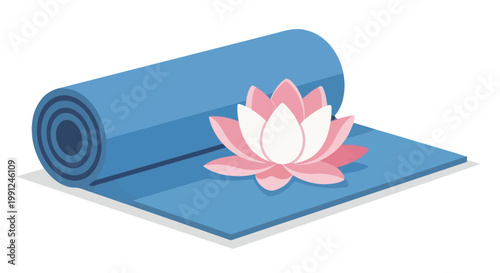 Blue yoga mat with a pink lotus flower on a white background.