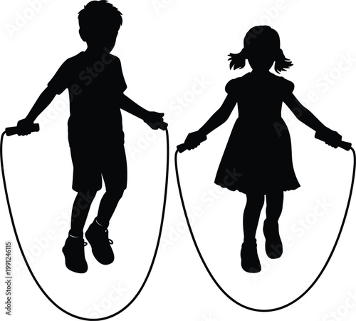 Children jumping rope silhouettes, playful kids activity vector, healthy lifestyle and outdoor fun illustration design