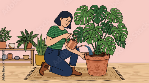 Woman watering houseplant with care indoors.