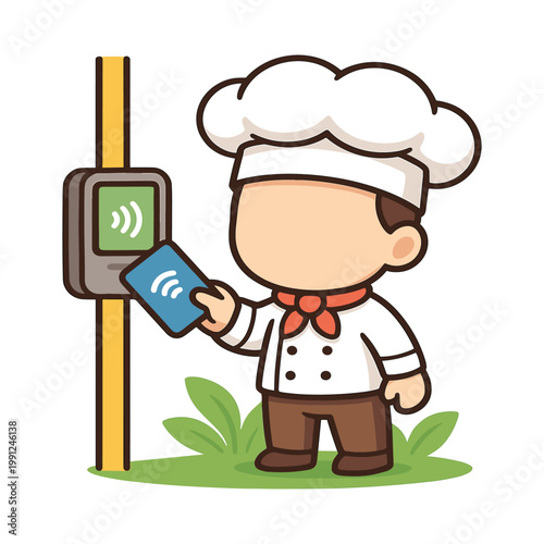 Chef using contactless card payment terminal flat vector illustration