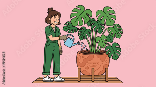 Woman watering large green house plant.