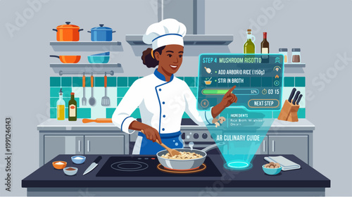 Woman wearing chef hat cooking.