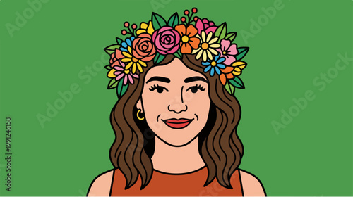 Woman Wearing Colorful Flower Crown.