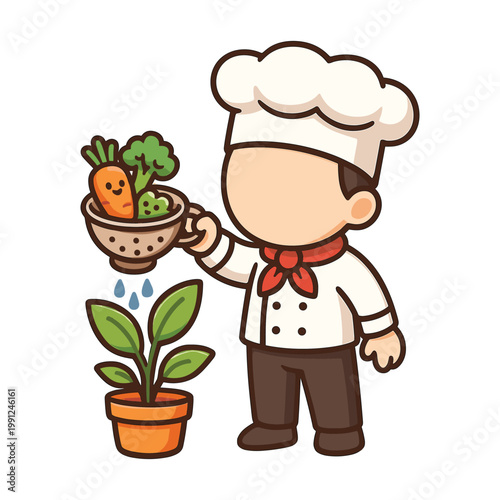 Chef watering potted plant with vegetable colander