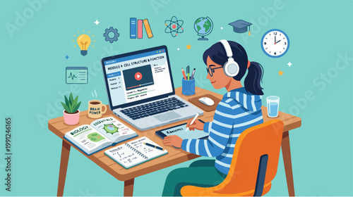 Woman wearing headphones sitting at desk.