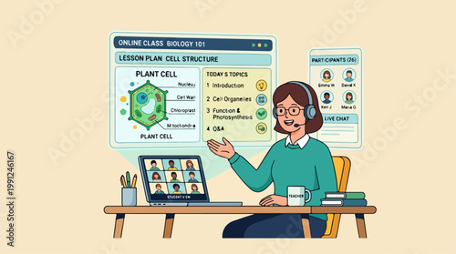 Woman Wearing Headset at Desk.