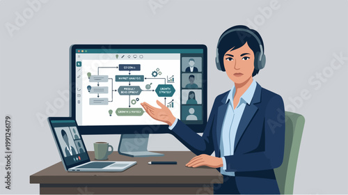 Woman wearing headset at desk with computer.