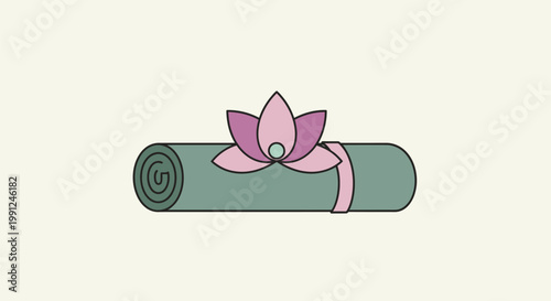Rolled yoga mat with a pink lotus flower on a light background.