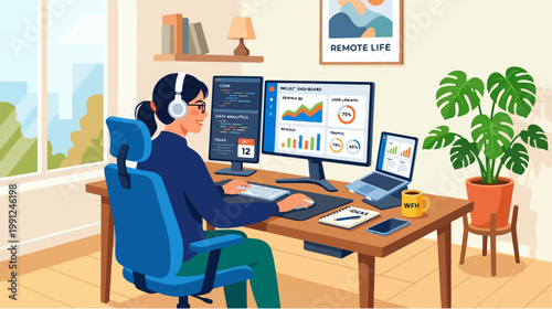 Woman wearing headset sitting at desk.