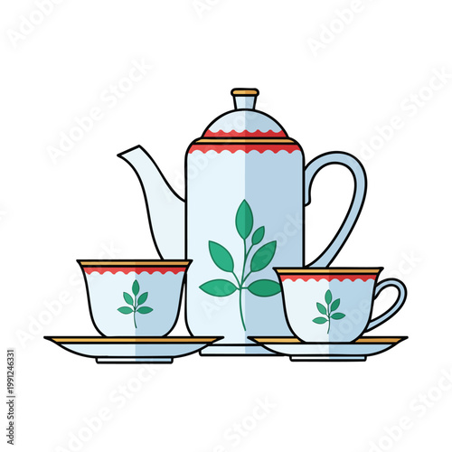 Illustration of a porcelain teapot with two matching teacups and saucers.