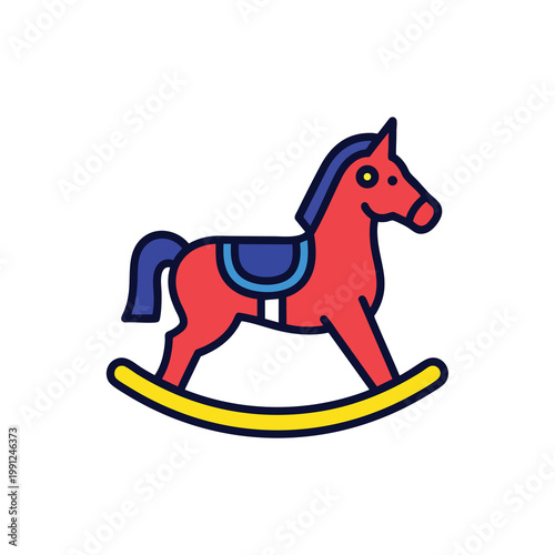 Colorful illustration of a vintage red rocking horse toy.